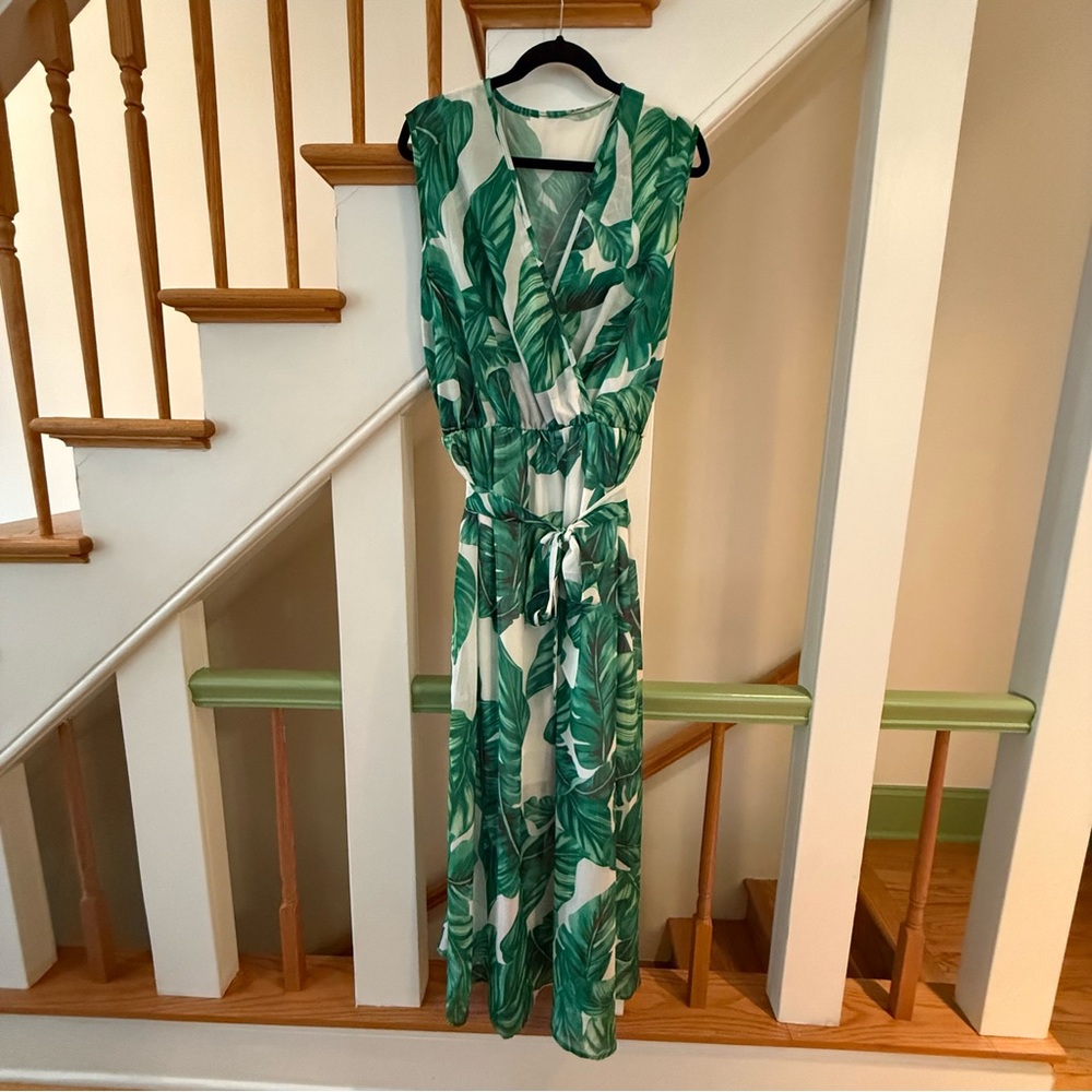Tropical Green Leaf Print Wrap Dress